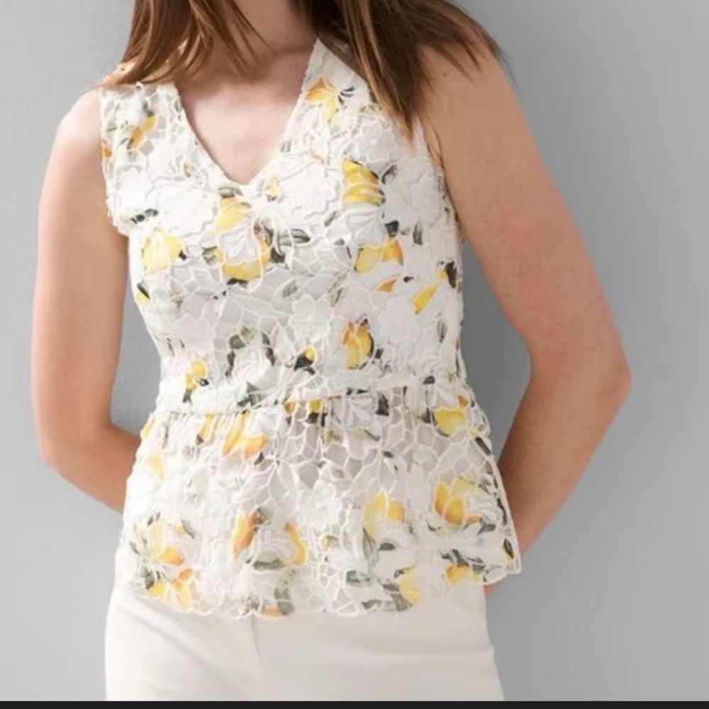 White House Black Market white lemon Lace top sz 6 blouse peplum Mediterranean